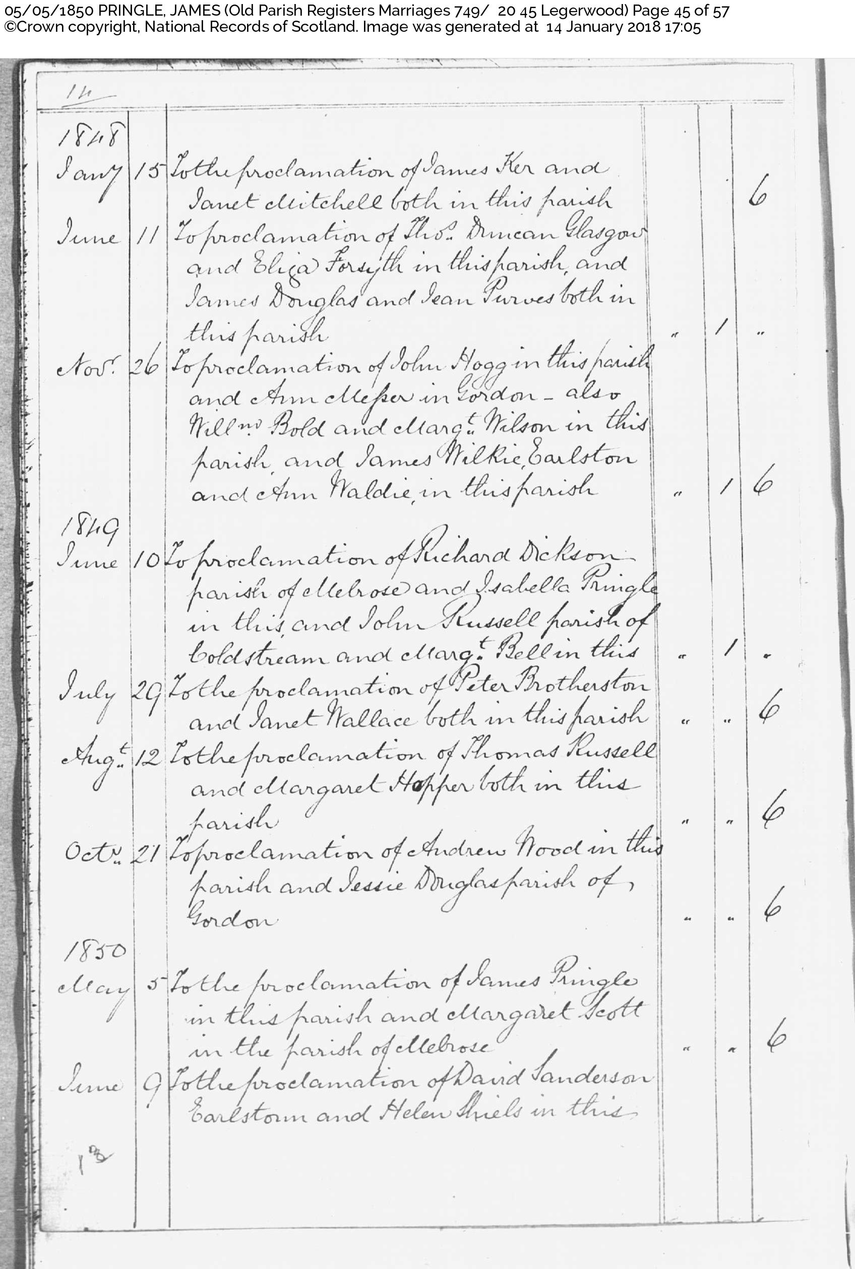 JamesPringleMargaretScott_M1850 Legerwood Berwickshire, May 5, 1850, Linked To: <a href='profiles/i4897.html' >Margaret Scott</a> and <a href='profiles/i437.html' >James Pringle 🧬</a>